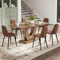 Table And Chair Set.Mdf Rectangular Dining Table, 6 Modern Medieval Style Restaurant Cushioned Side Chairs With With Soft Cushions And Black Metal Legs.Suitable For Restaurants, Living Rooms, Kitchen. Brown Seats 6 Mdf Metal
