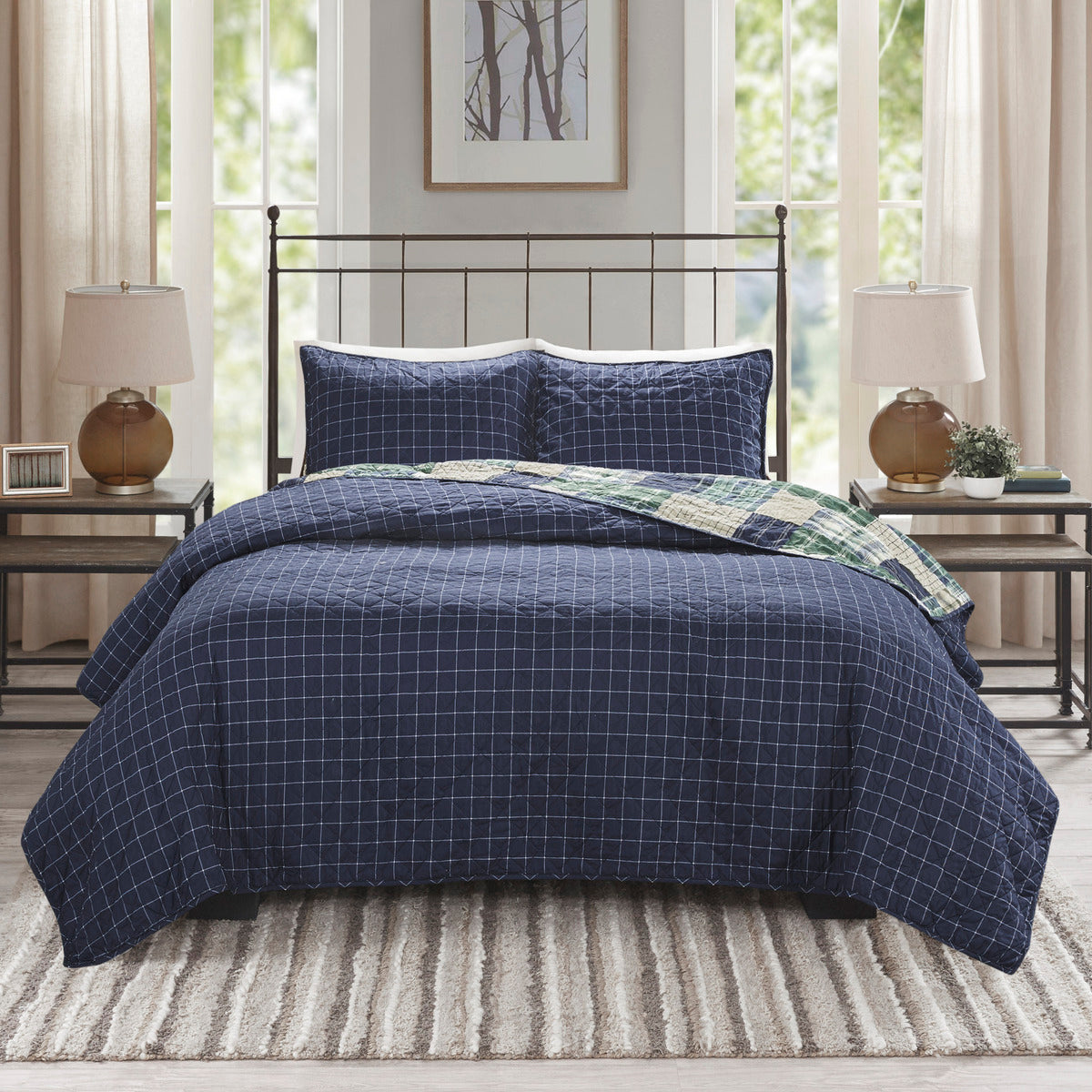 3 Piece Reversible Printed Quilt Set Green Navy Full Queen Green Navy Microfiber