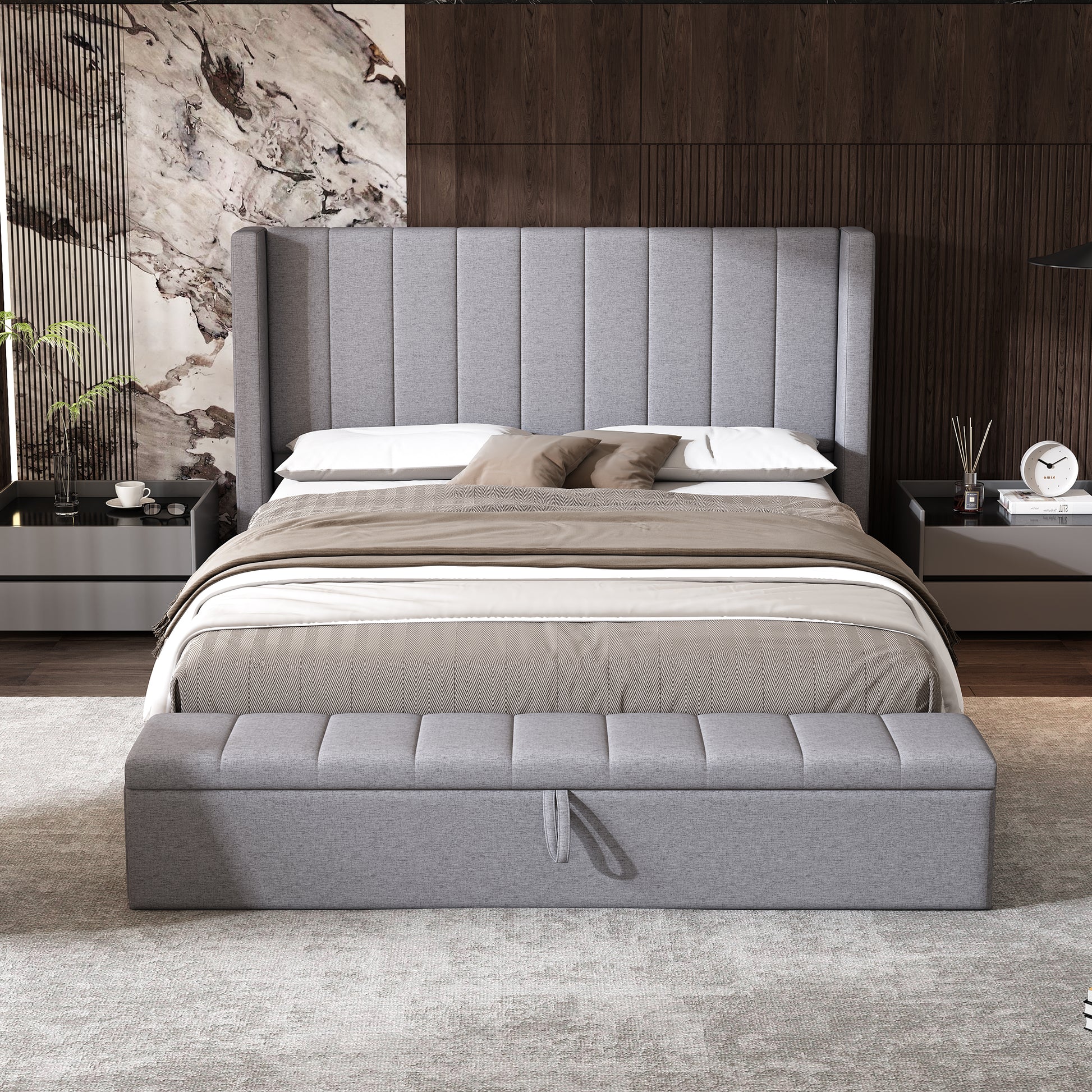 Queen Size Platform Bed With Headboard, Upholstered Platform Bed With Storage, Grey Box Spring Not Required Queen Grey Wood Bedroom Storage Included Foam Polyester Fabric,Plywood,Steel,Upholstered