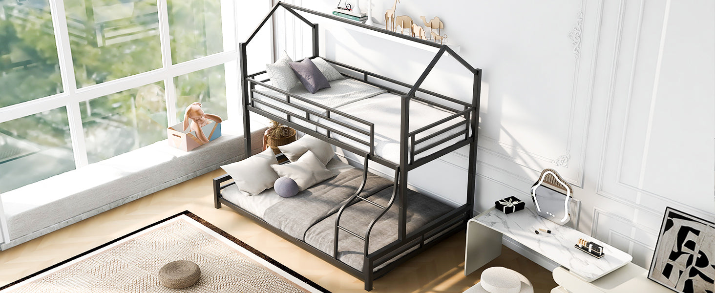 Metal House Bunk Bed, Twin Over Full, Black Full Black Metal