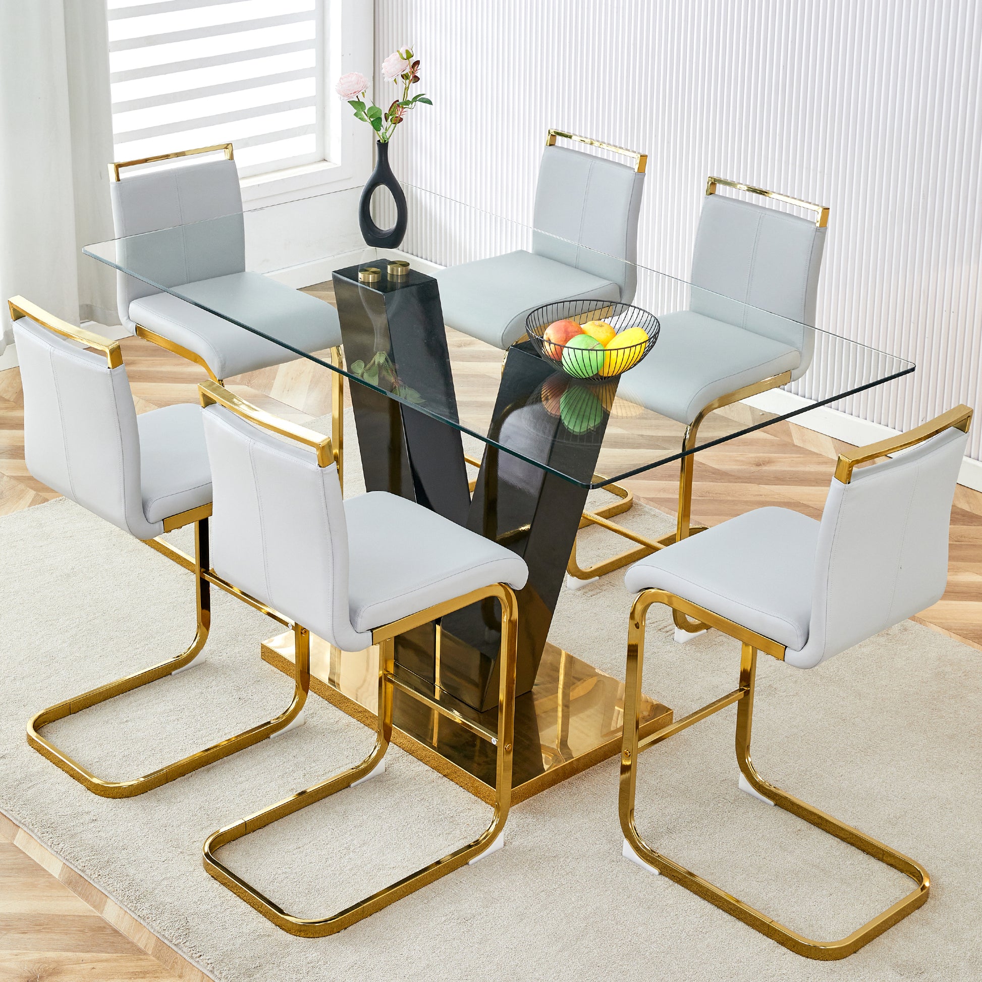 Table And Chair Set,Clear Tempered Glass And Black Legs Of The Table, Pu And Gold Legs Of The Chair Black Grey Seats 6 Tempered Glass