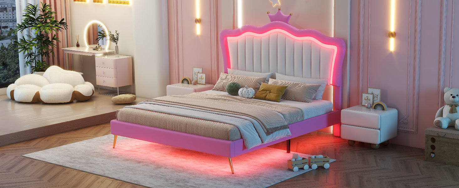 Full Size Upholstered Bed Frame With Led Lights, Modern Upholstered Princess Bed With Crown Headboard, Pink White Box Spring Not Required Full Pink White Wood Bedroom Modern Bed Frame Pu