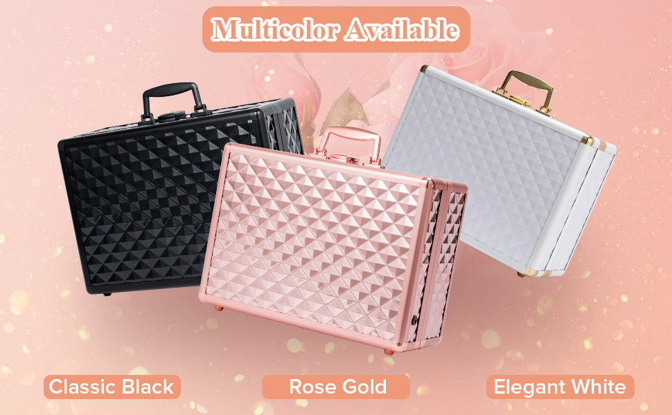 Portable Makeup Case With Led Mirror Travel Makeup Bag Cosmetic Organizer Box With Locks, Brush Holder, Dividers, Rechargeable, Rose Gold Rose Gold Aluminium Alloy