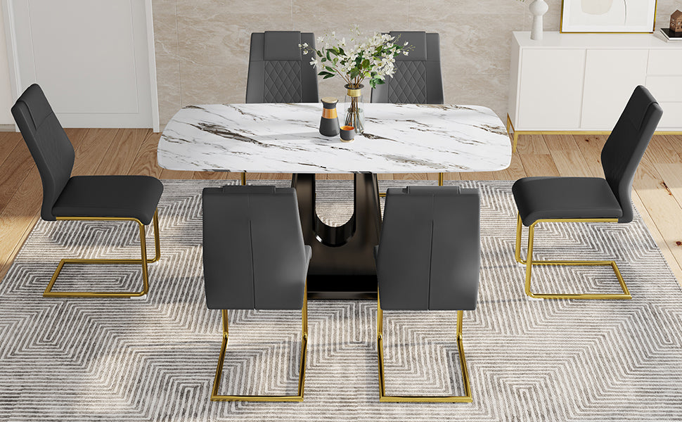 Table And Chair Set, Modern And Minimalist Dining Table, Imitation Marble Patterned Tabletop, Mdf Legs With U Shaped Brackets. Paired With Comfortable Chairs, Suitable For Dining And Living Rooms. Grey Black Mdf Glass