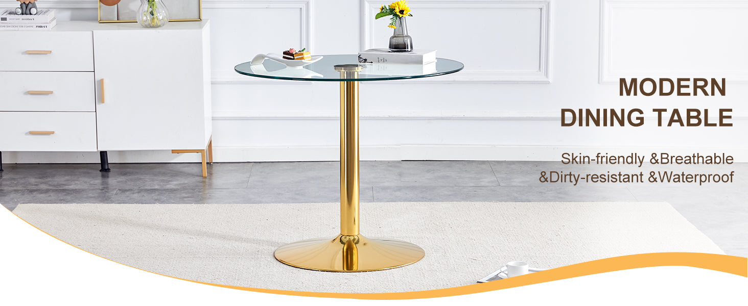 A 35 Inch Diameter Glass Top And A Modern, Minimalist Round Dining Table With Gold Metal Legs. Ideal For Dining Rooms, Living Rooms And Meeting Rooms. Model: Dt 1166 Gold Glass Metal