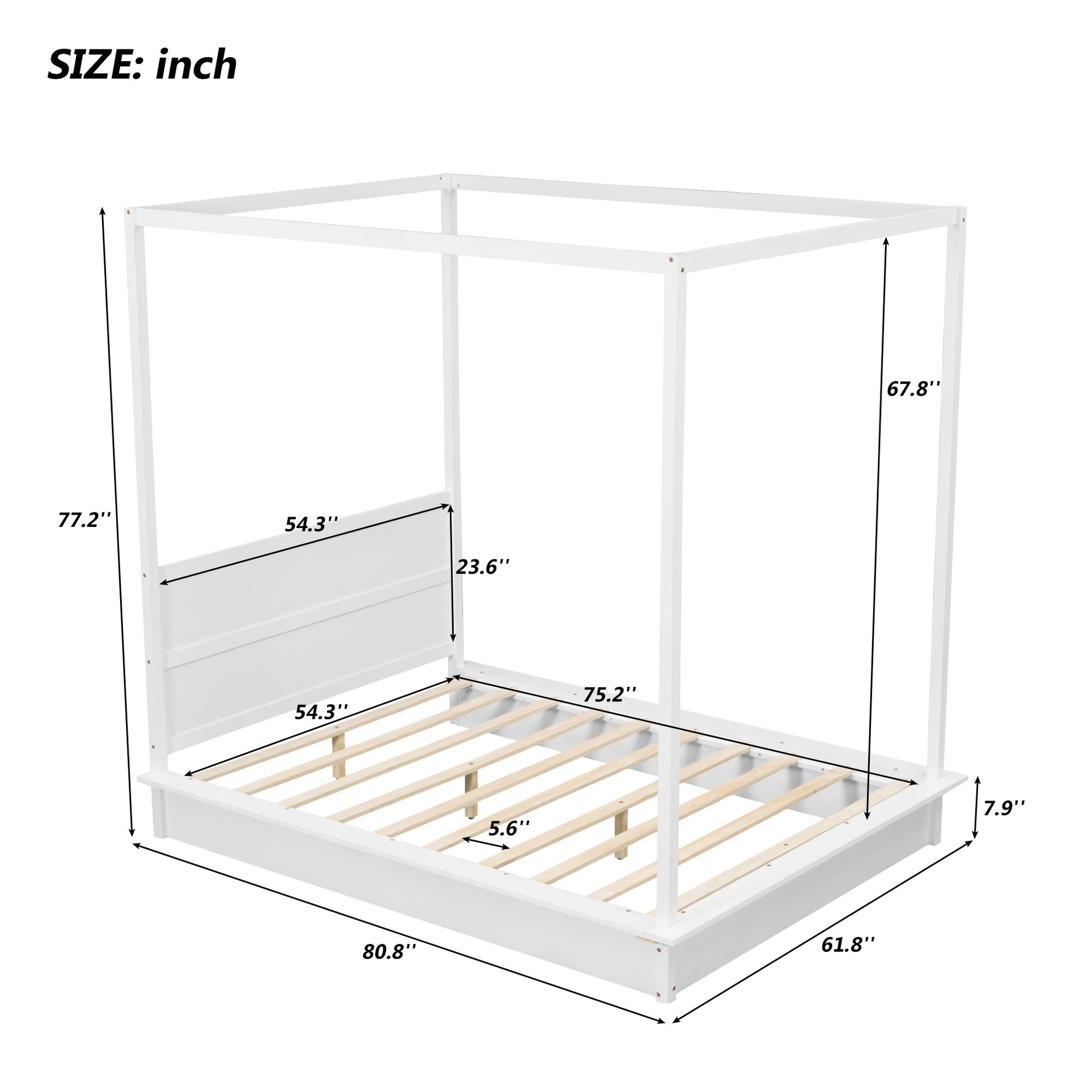 Full Size Wood Led Canopy Bed ,Canopy Platform Bed With Support Slats, No Box Spring Needed, White Full White Plywood