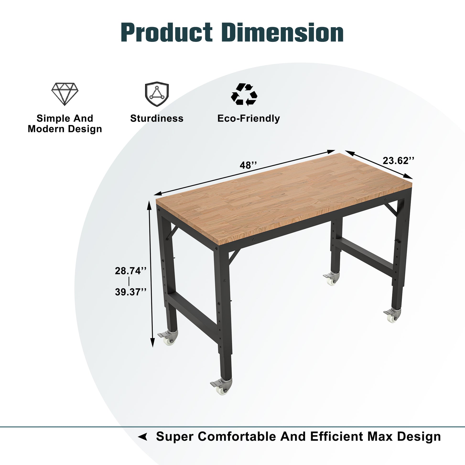 48" Heavy Duty Adjustable Workbench For Garage, Rubber Wood Shop Table W Metal Wheels, Hardwood Workstation Weight Capacity Over 2000 Lbs With Wheels Black Metal & Wood