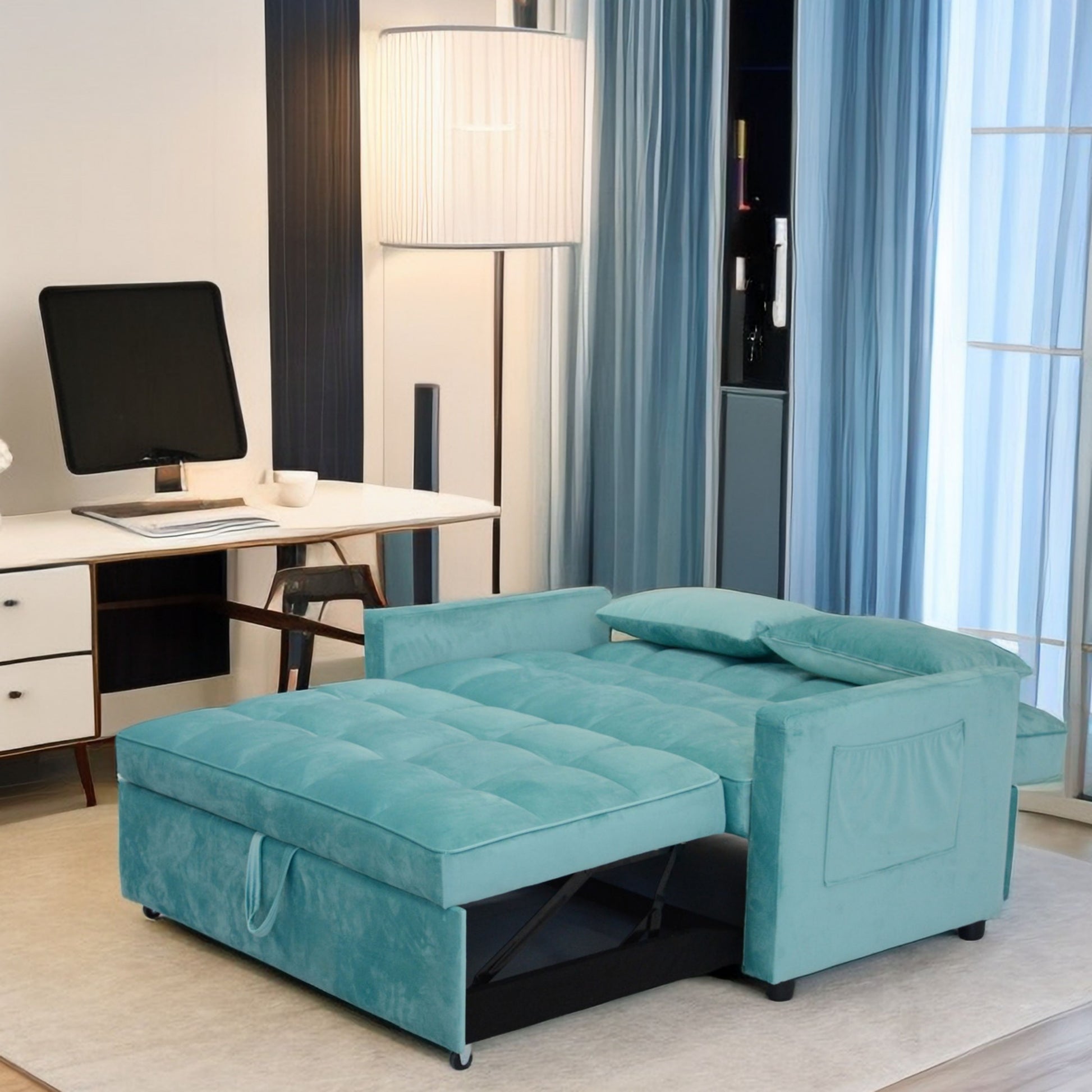 55.2" Velvet Two Seater Pull Out Sofa Bed, Adjustable Backrest With Three Usb Ports, Two Side Pockets, 3 In 1 Convertible Sleeper Sofa Bed, Modern Beautiful Seat Lounge Sofa For Living Room, Peacock Blue Brown Wood Primary Living Space Heavy Duty Pine 2