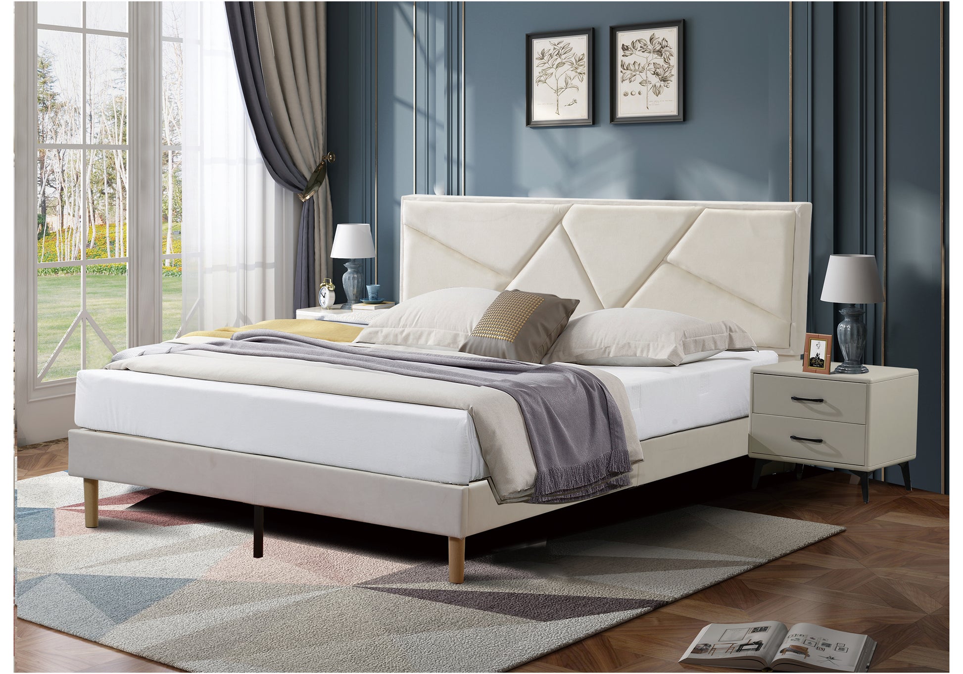 Single Bed Frame With Padded Headboard, Linen Fabric Wrapped, Wooden Slats Support, Sturdy And Stable, No Box Spring Required, Non Slip And Noiseless, Easy To Assemble.Adjustable Headboard Height Full White Plywood