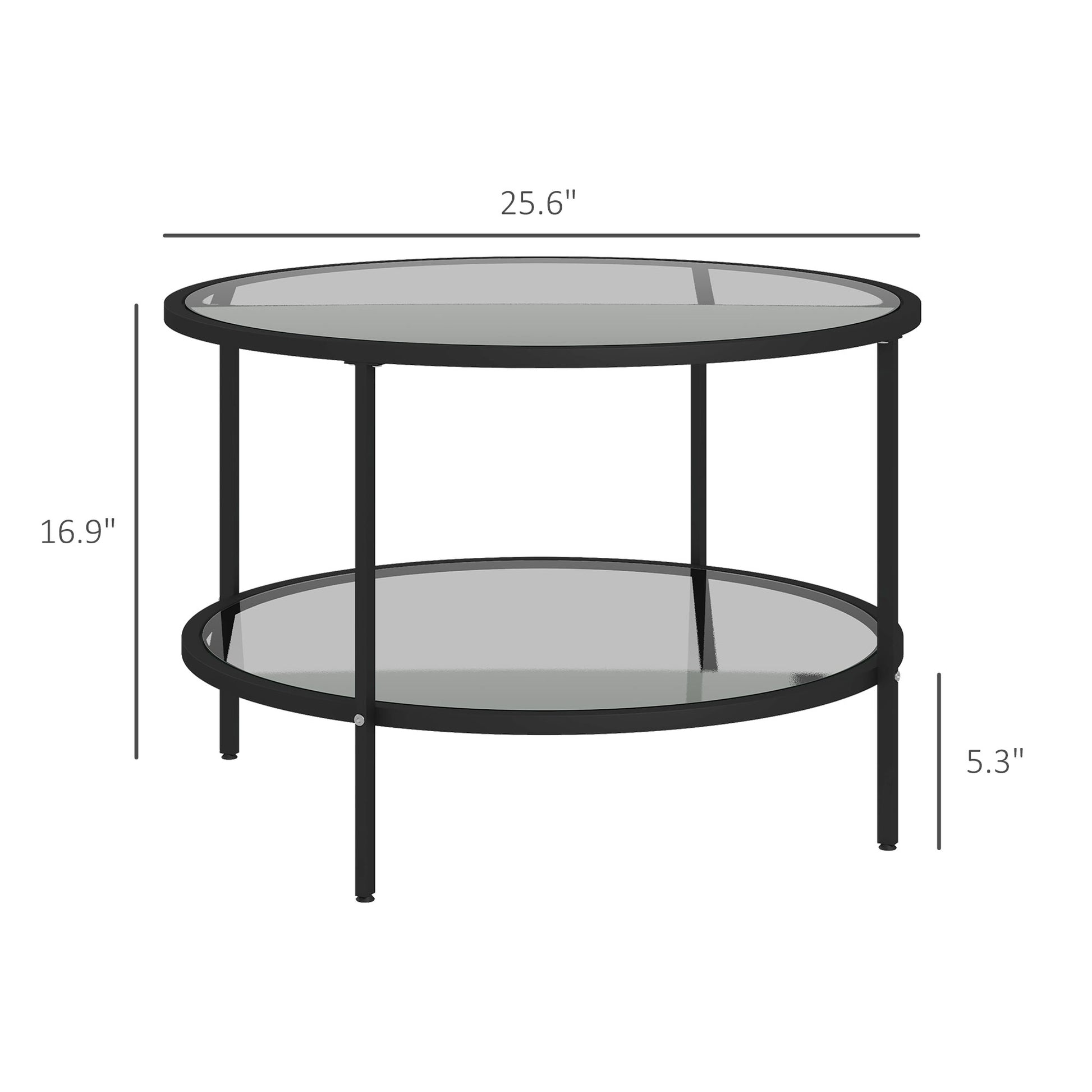 Homcom Side Table With Storage, 26" Round End Table, 2 Tier Tempered Glass Coffee Table With Steel Frame For Living Room, Black Black Glass Metal