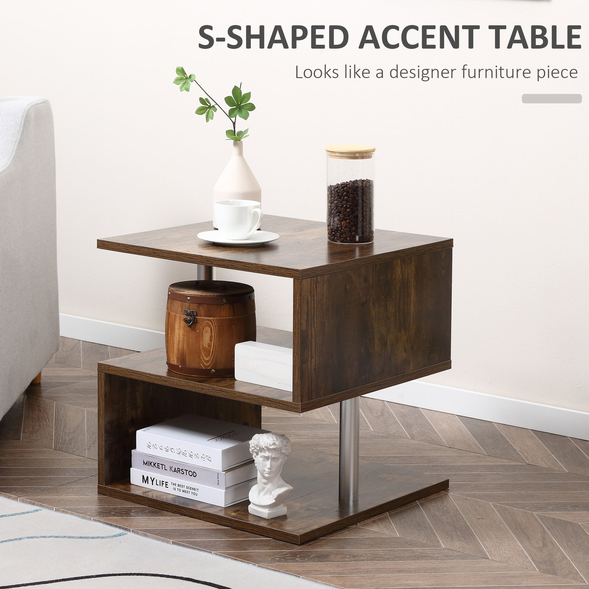 Homcom 20" Modern End Table, Accent Side Table, S Shaped Coffee Table With Storage Shelf And Steel Poles, Rustic Brown Rustic Brown Particle Board