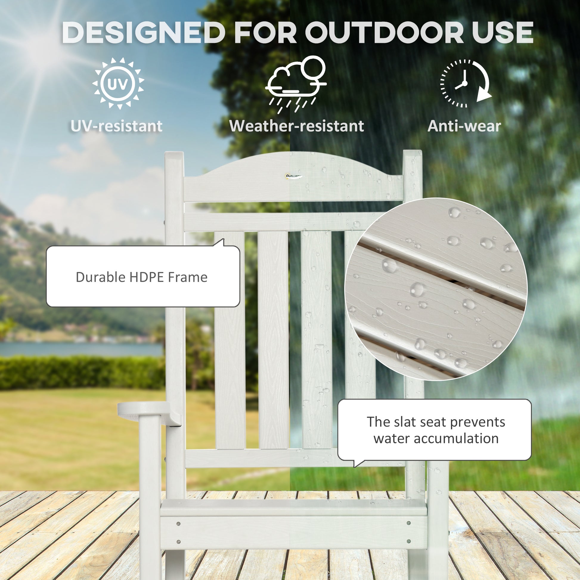 Outsunny Outdoor Rocking Chair, All Weather Resistant Hdpe Rocking Patio Chairs With Rustic High Back, Armrests, Oversized Seat And Slatted Backrest, 350Lbs Weight Capacity, White White Plastic