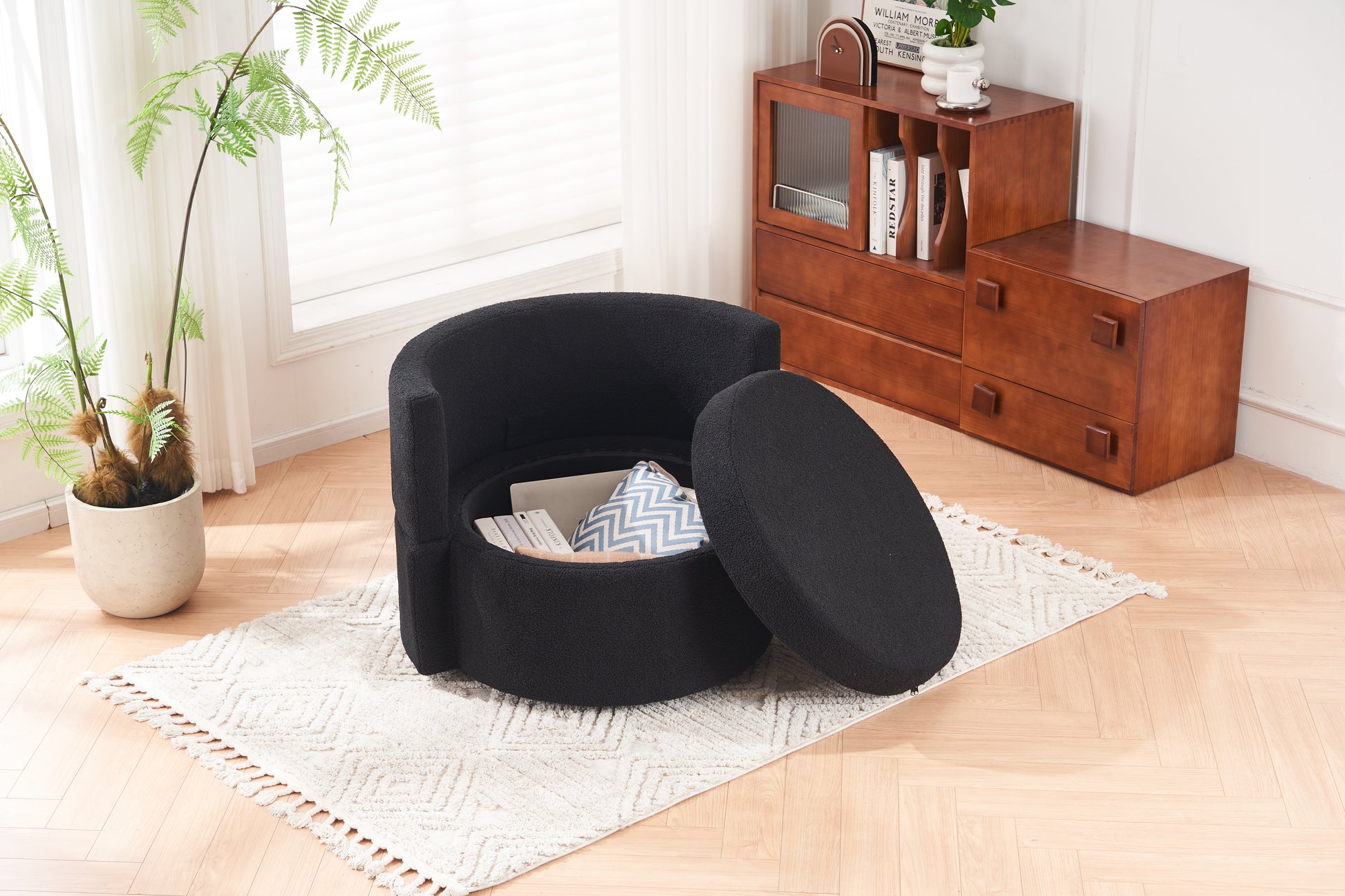 029 Teddy Fabric Swivel And Storage Chair With Back Cushion For Living Room,Black Black Primary Living Space Modern Foam Teddy