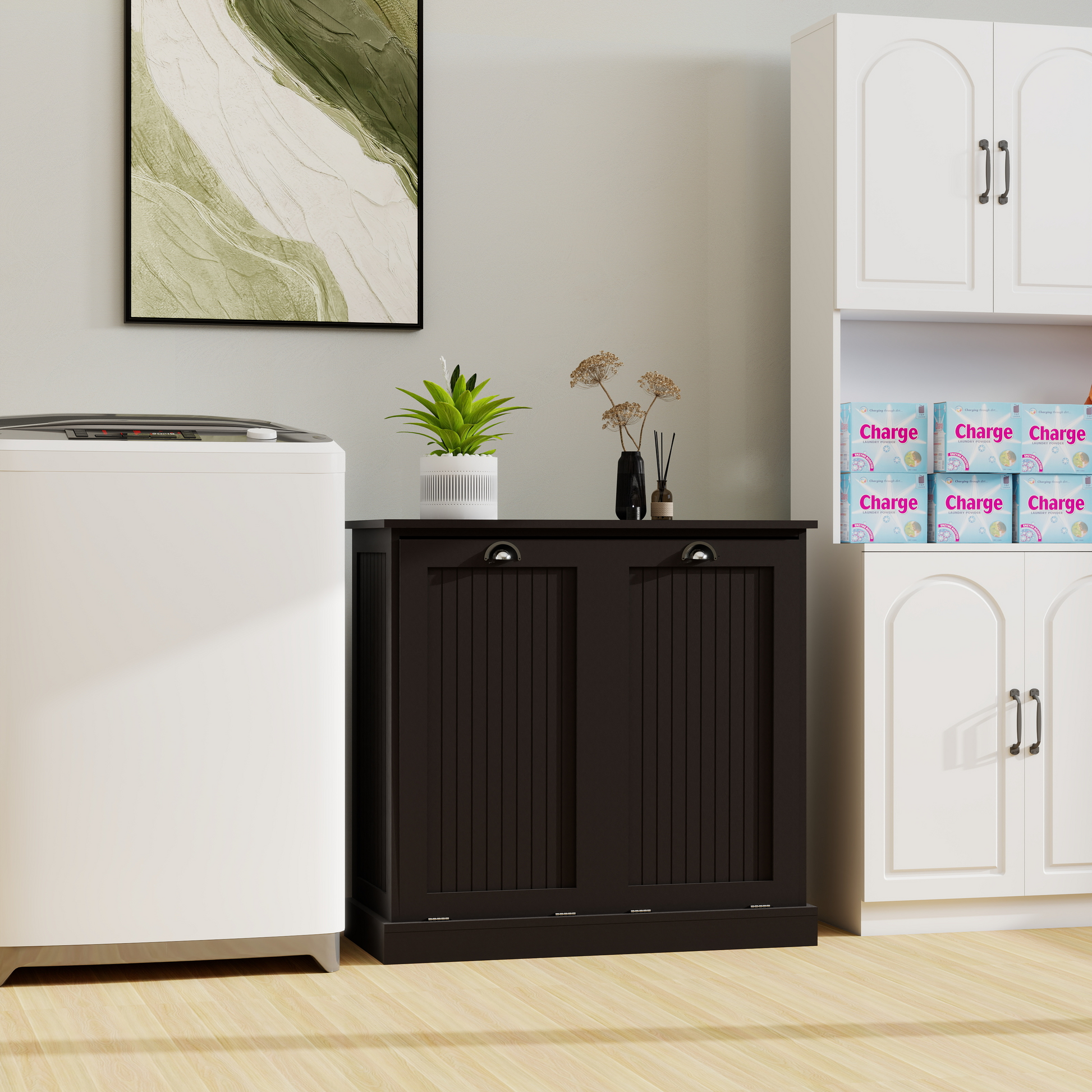 Two Compartment Tilt Out Laundry Sorter Cabinet Black Black Mdf