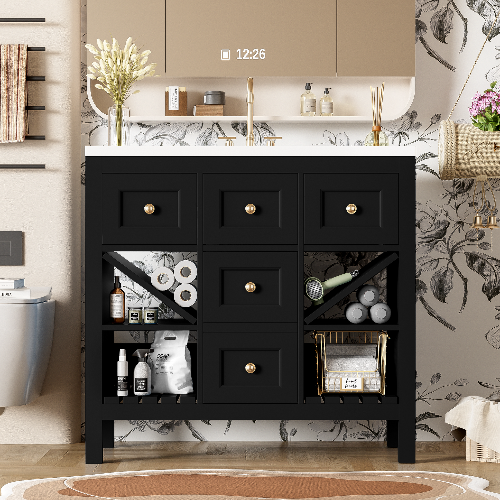 36'' Bathroom Vanity With Resin Sink Combo, Solid Wood Frame Bathroom Storage Cabinet, Freestanding Vanity Set With 5 Drawers& Soft Closing Doors Same As N710S136001B Black Bathroom Solid Wood Mdf Resin