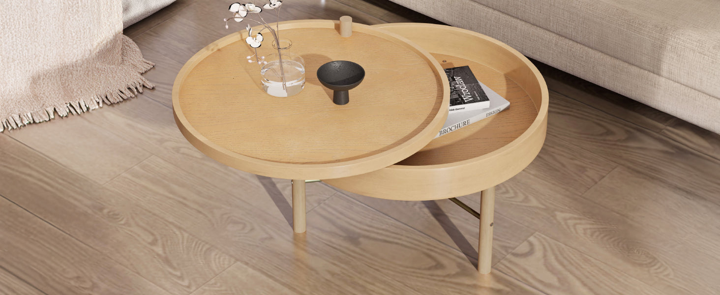 Modern Round Wood Rotating Tray Coffee Table With Storage & Metal Legs In Natural Natural Metal,Rubber Wood