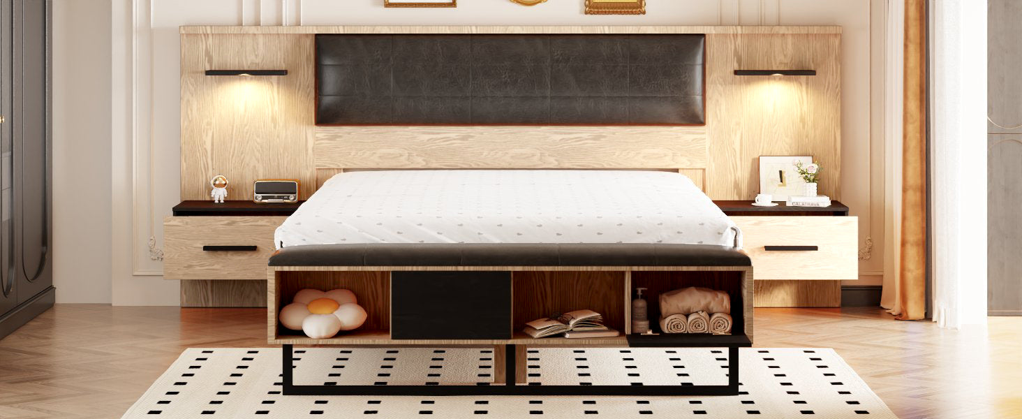 Queen Size Wood Platform Bed With Upholstered Headboard, Lights And Storage Nightstand, Bench, Walnut Box Spring Not Required Queen Walnut Wood Bedroom Bed Frame Faux Leather Solid Wood Mdf