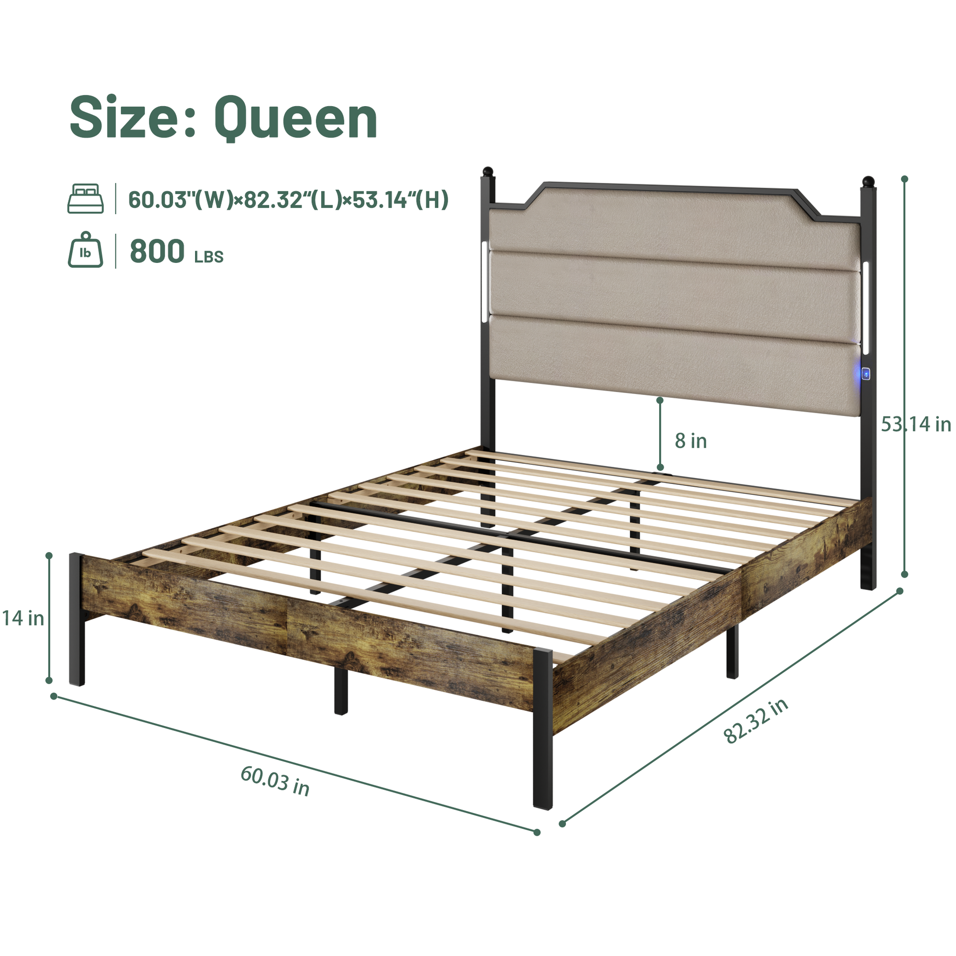 Queen Size Bed Frame With Upholstered Headboardqueen Bed Frame With Charging Station And Led Lights, Wood Slats, Easy Assembly,No Box Spring Needed,Industrial Brown Box Spring Not Required Queen Brown Metal Bedroom Modern Bed Frame Mdf Metal