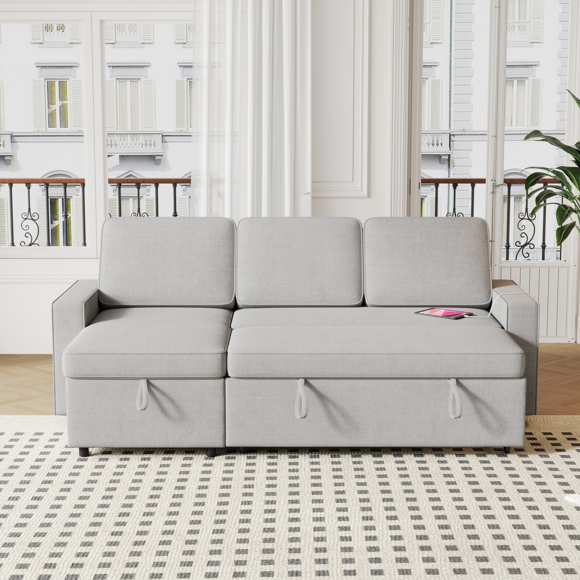 85.8" Pull Out Sleeper Sofa L Shaped Couch Convertible Sofa Bed With Storage Chaise And Storage Racks,With Usb Port And T Pyce Port Light Grey Fabric 3 Seat
