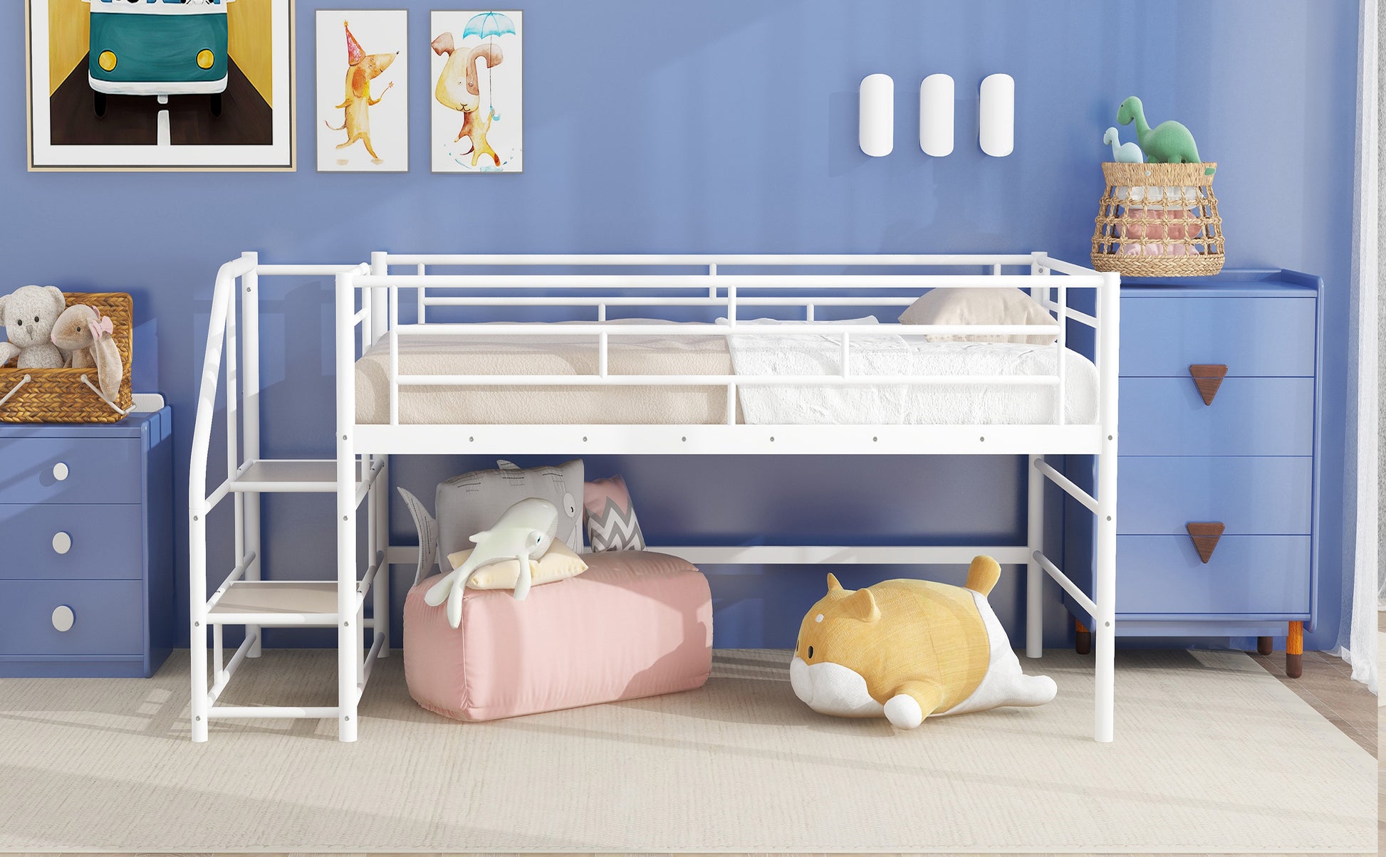 Mid Loft Bed With Storage Stairs, Twin, White Twin White Mdf Metal