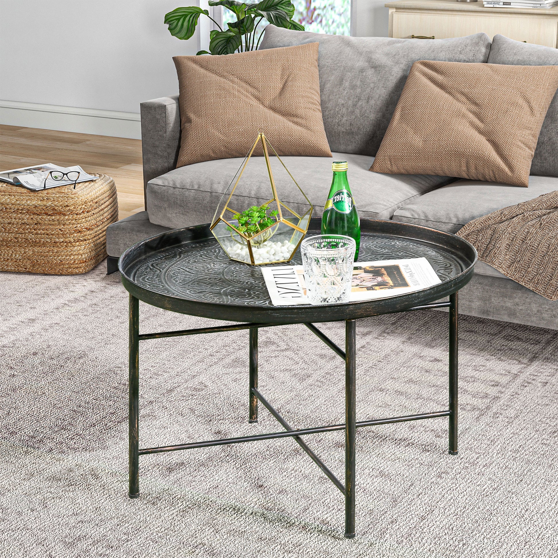 Homcom 24" Round Coffee Table With Hammered Tray Top, Vintage Metal Center Table For Living Room, Bedroom, Side Table, Pewter Pewter Metal