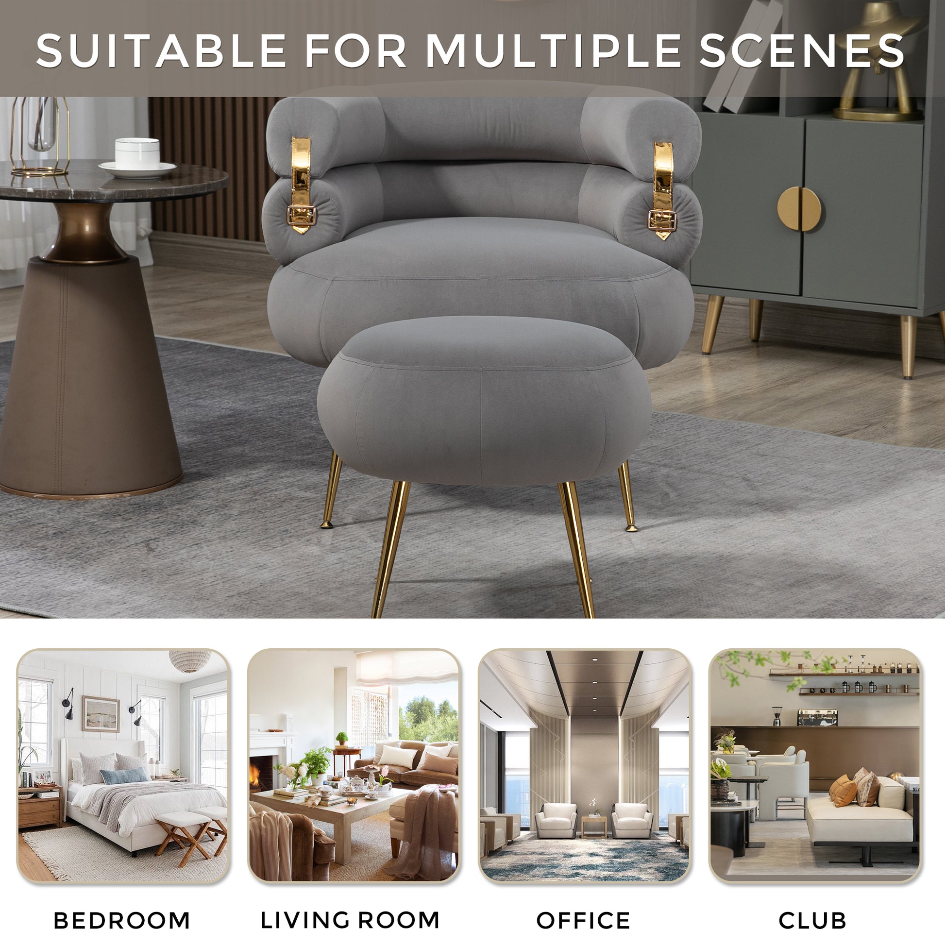 Coolmore Upholstered Velvet Barrel Accent Chair With Ottoman,Accent Comfy Lounge Arm Chair And Folding Footrest Stool Set,Single Sofa Armchair With Lounge Seat For Bedroom,Office Gray Gray Foam Velvet