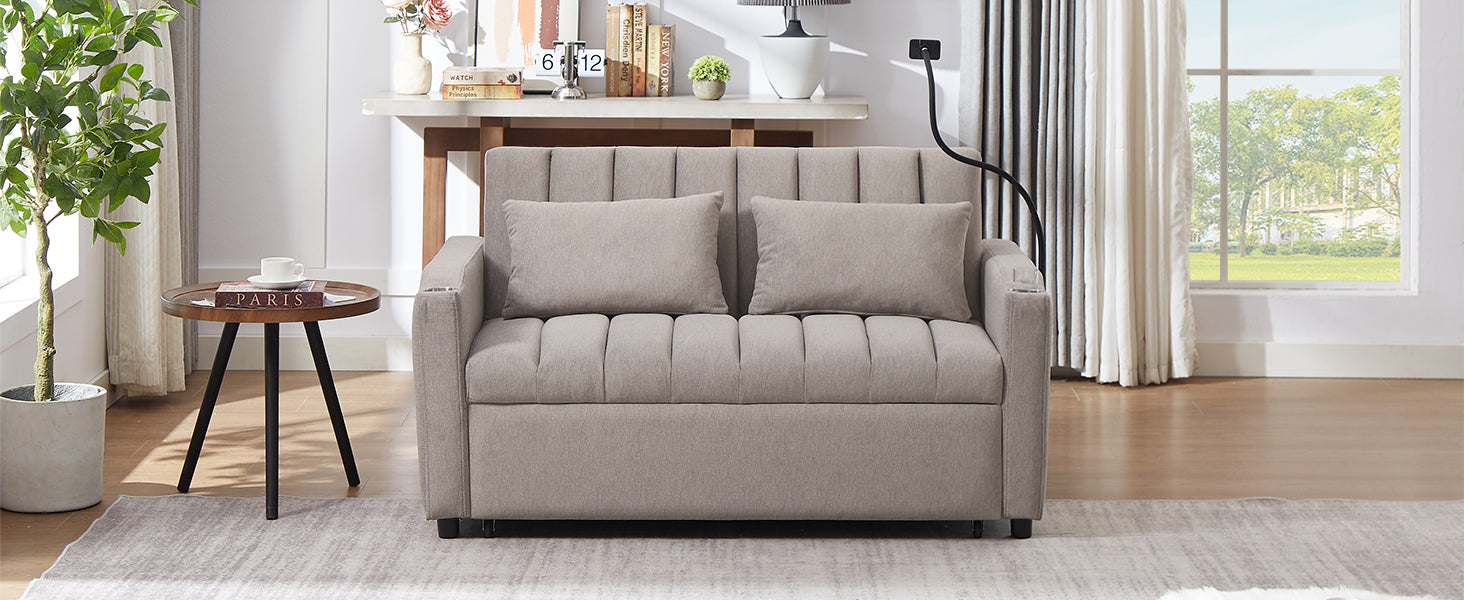 55.9" Convertible Sofa Bed Loveseat Sofa With Three Usb Ports, Two Side Pockets, Two Cup Holders And 360 Swivel Phone Holder For Living Room, Light Grey Light Grey Foam Polyester