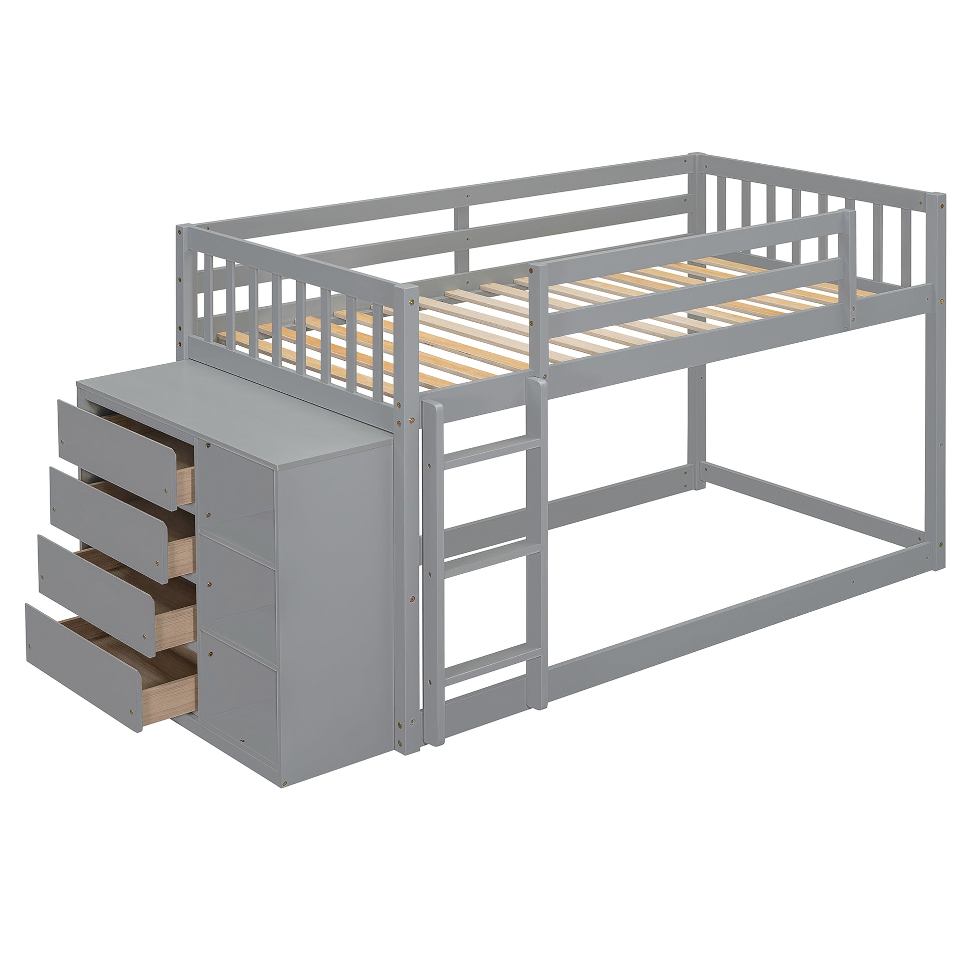Twin Over Twin Bunk Bed With 4 Drawers And 3 Shelves Gray Twin Gray Solid Wood