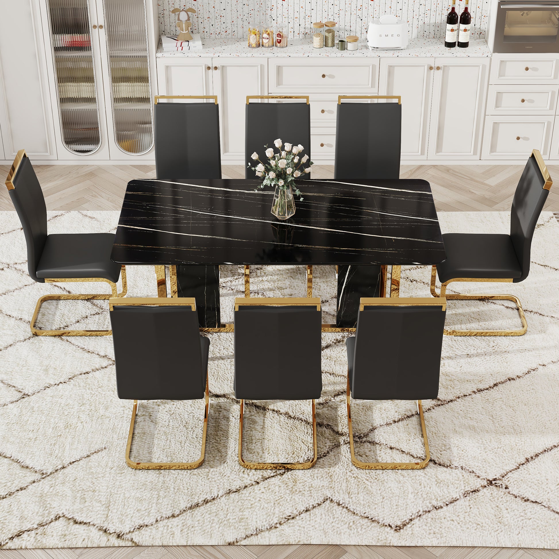 Table And Chair Set. Modern Dining Table With Mdf Top And Beautiful Mdf Legs. Equipped With Comfortable Pu Chairs And Metal Legs. Suitable For A Wide Range Of Decorative Styles. Black Seats 8 Mdf