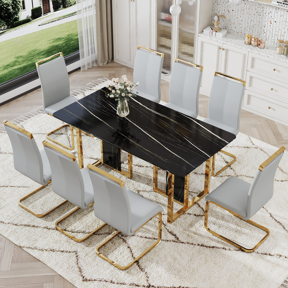 Table And Chair Set. Modern Dining Table With Mdf Top And Beautiful Mdf Legs. Equipped With Comfortable Pu Chairs And Metal Legs. Suitable For A Wide Range Of Decorative Styles. Black,Light Gray Seats 8 Mdf