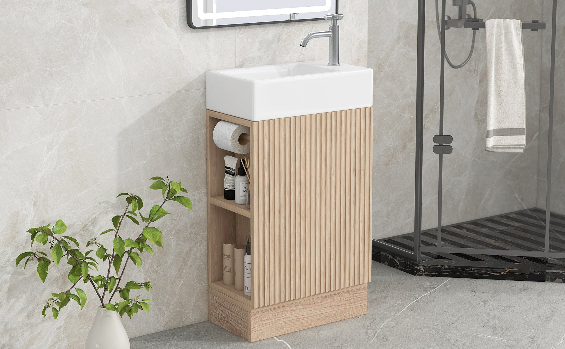 18.6" Bathroom Vanity With Sink, Bathroom Vanity Cabinet With Two Tier Shelf, Left Or Right Orientation, Natural Natural Mdf