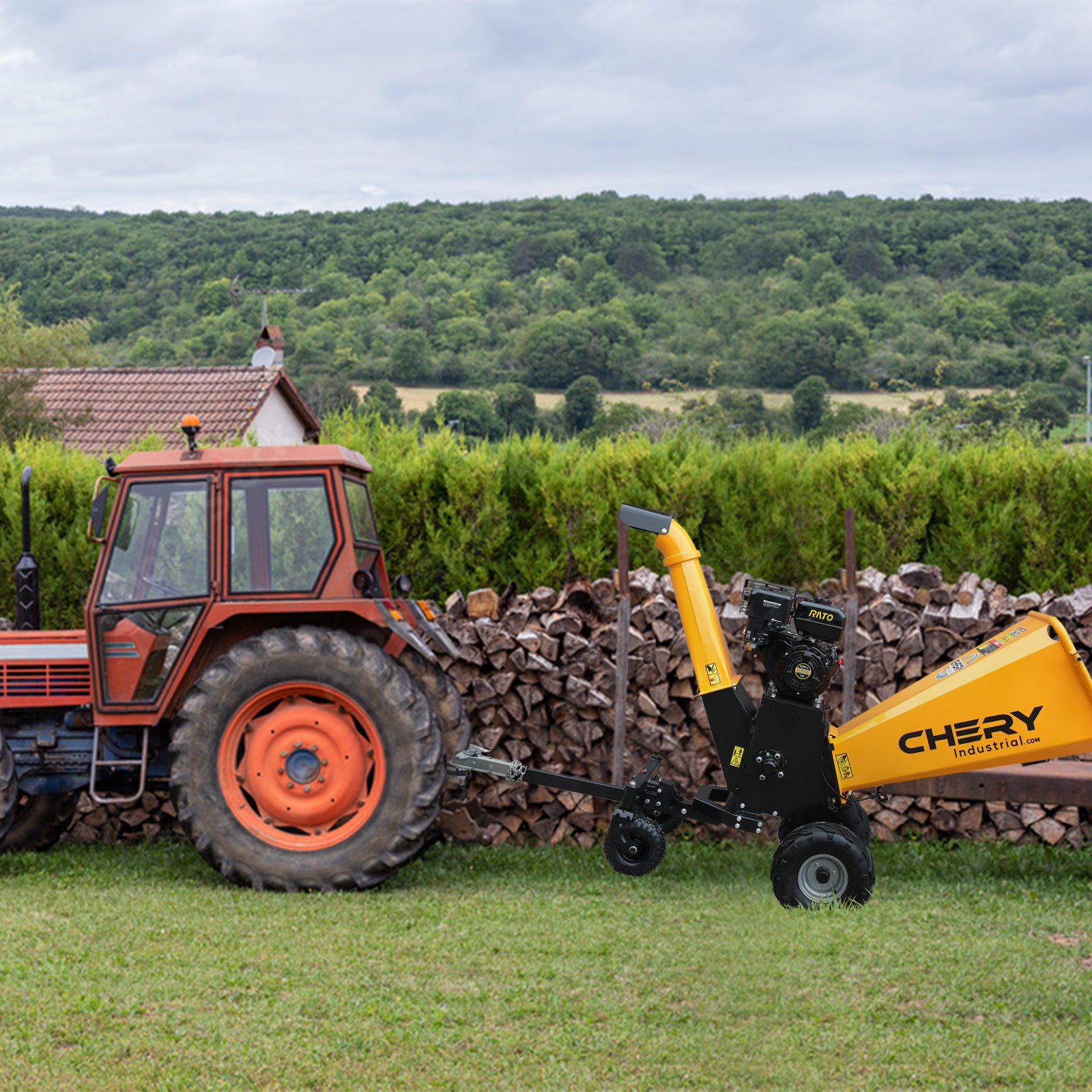 6'' Inch 420Cc 15Hp Pull Start Gas Powered 4 Wheels Wood Chipper Shredder Mulcher With Towbar Stop Bar Yellow Steel Steel