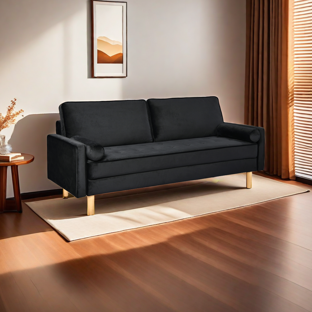 Sofa Simple Small House Double Three Person Straight Row American Retro Green Velvet Furniture Fabric Sofa Small Living Room Bedroom Office Black Solid Wood 3 Seat