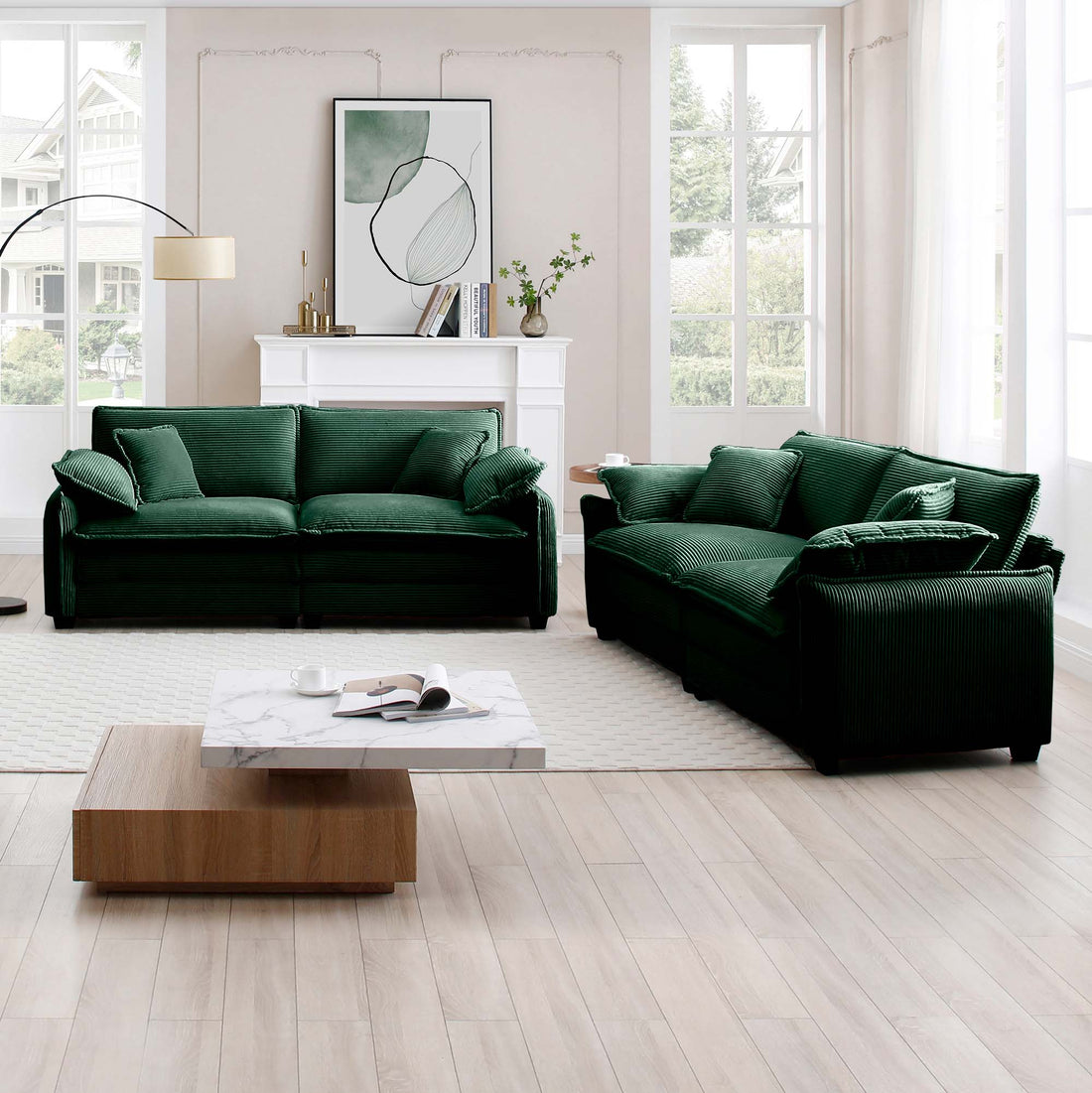 Modern Living Room Sofa Two Piece Set, Suitable For Living Room And Bedroom Sofa Set, Consists Of Two Pieces Of 2 Seater Sofa,Green Corduroy Green Corduroy 4 Seat