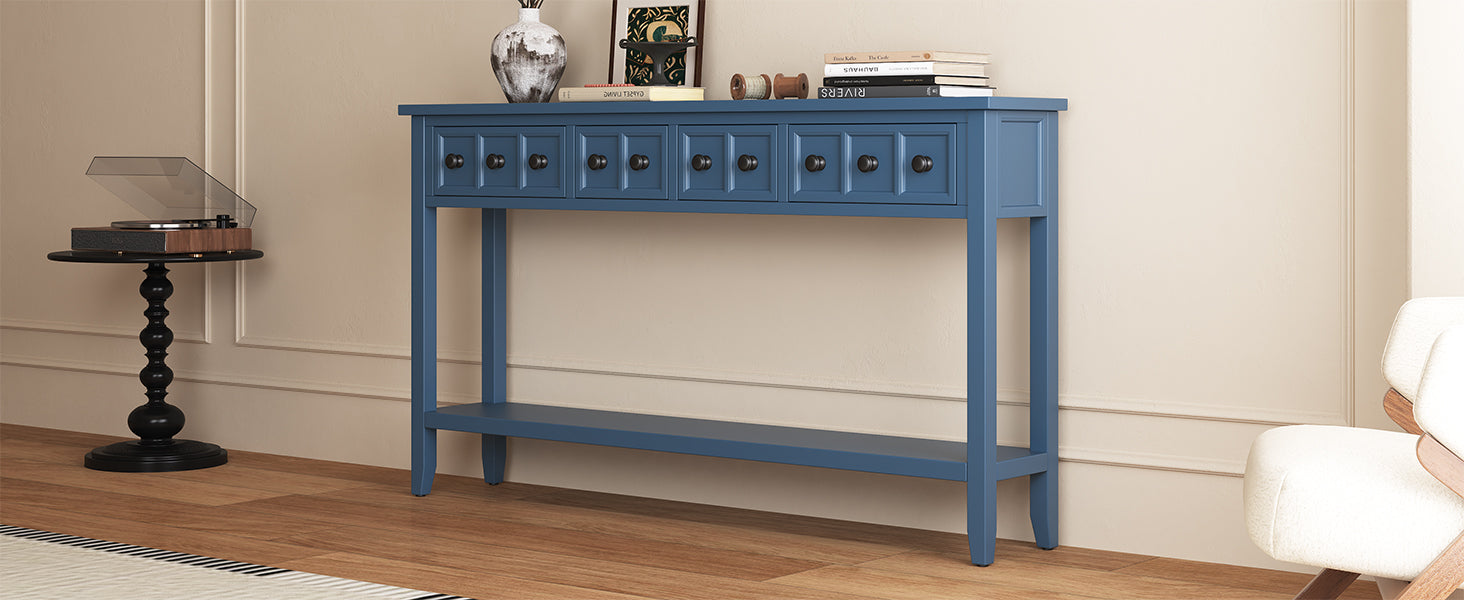 Rustic Entryway Console Table, 60" Long Sofa Table With Two Different Size Drawers And Bottom Shelf For Storage Antique Navy Antique Navy Solid Wood