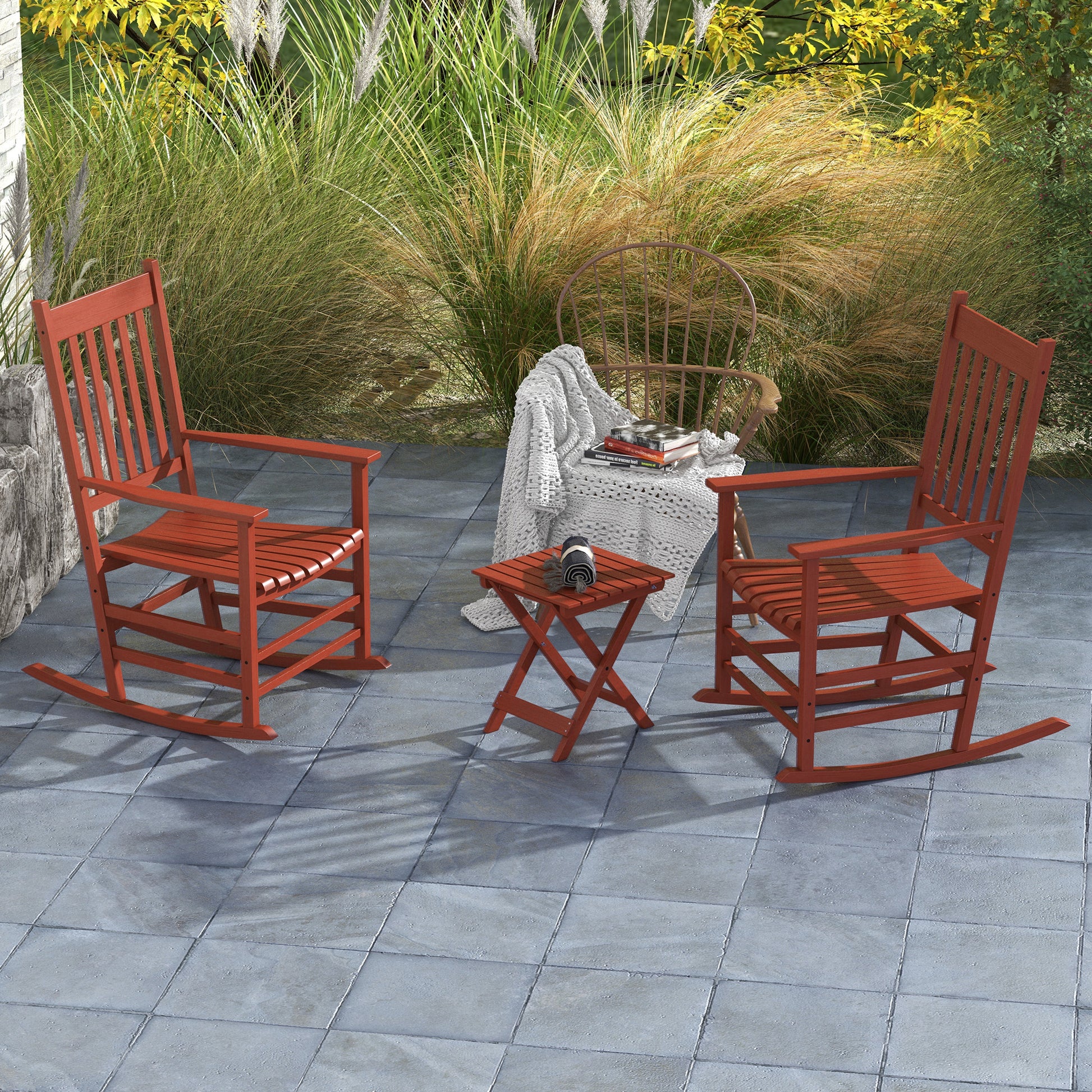 Outsunny Outdoor Rocking Chair Set Of 2 With Side Table, Patio Wooden Rocking Chair With Smooth Armrests, High Back For Garden, Balcony, Porch, Supports Up To 352 Lbs., Wine Red Red Wood