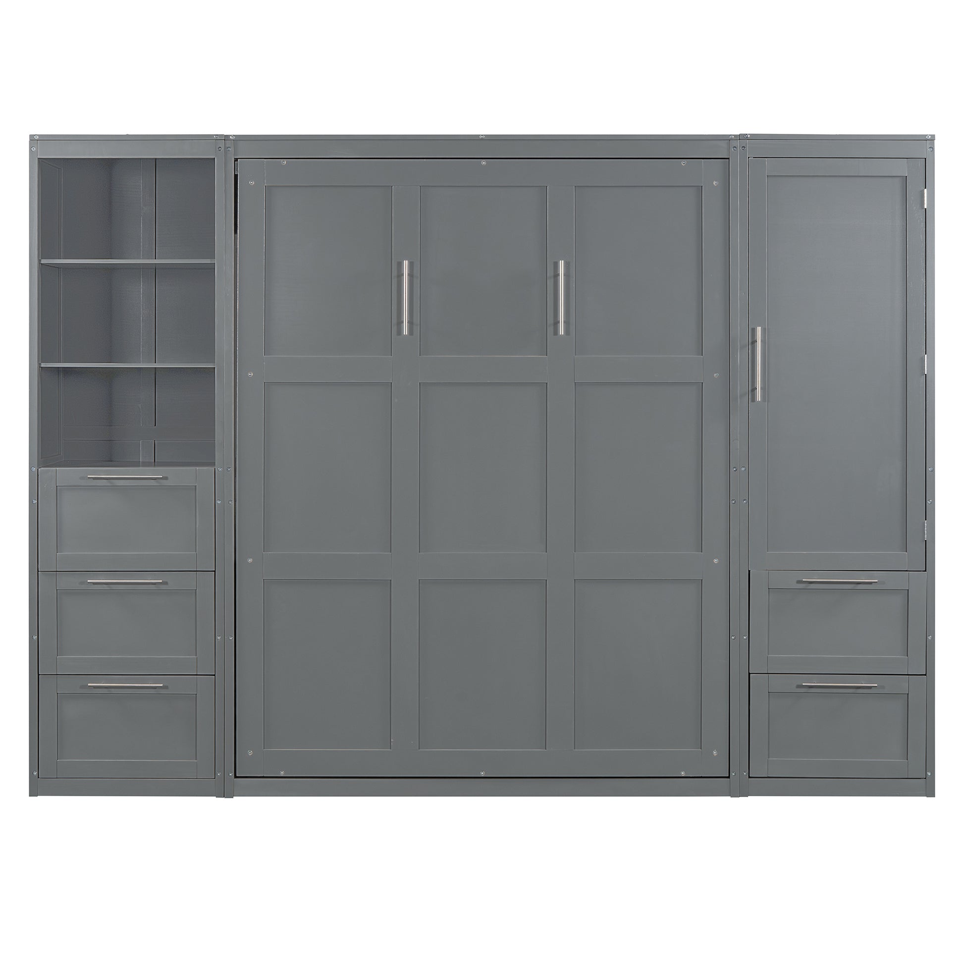 Queen Size Murphy Bed Wall Bed With Closet ,Drawers And Shelves,Gray Queen Gray Mdf Lvl