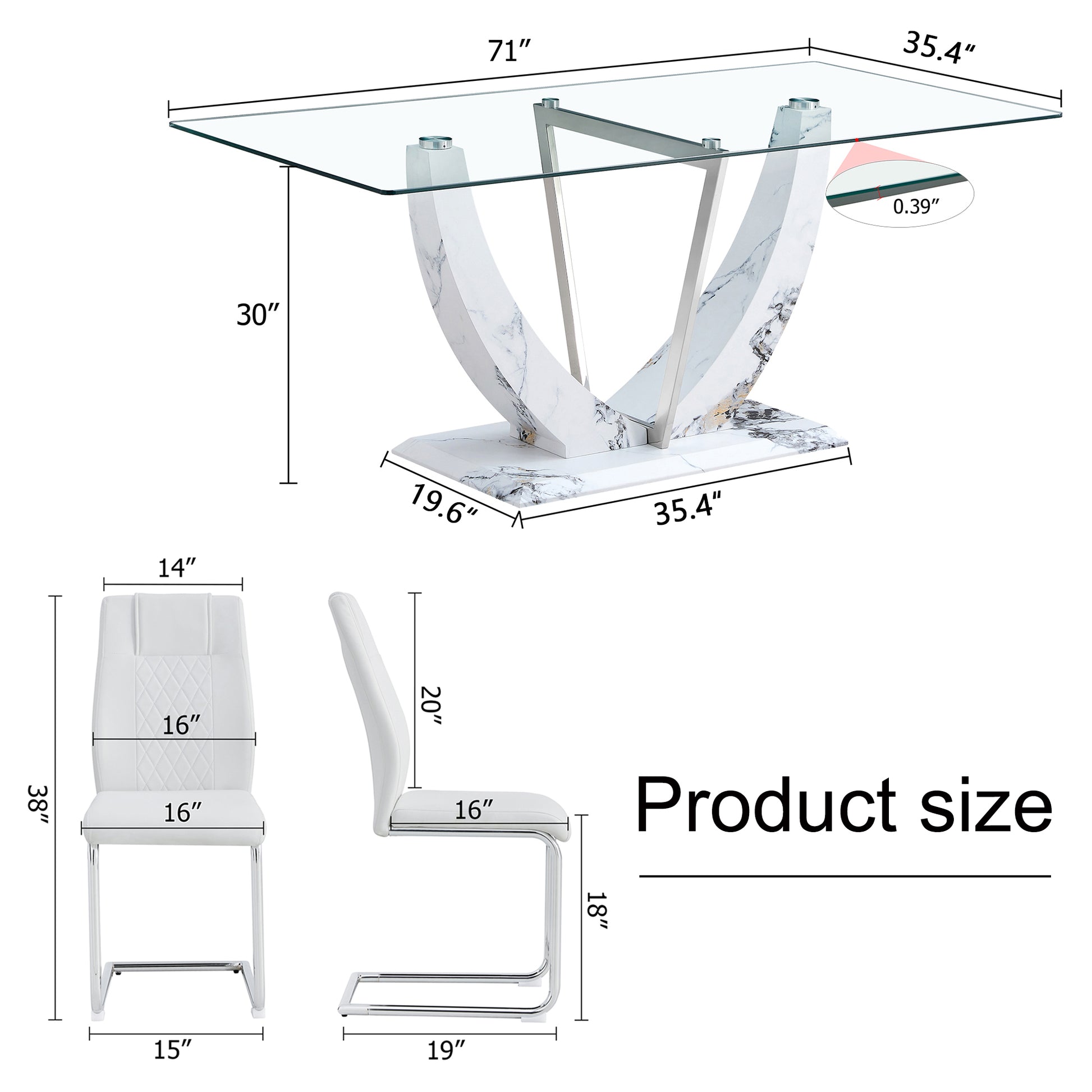 Table And Chair Set, Large Modern Rectangular Glass Table, Can Accommodate 6 8 People, Equipped With A 0.39 Inch Tempered Glass Tabletop And Mdf Table Legs.Paired With Comfortable And Soft Chairs. White Mdf Glass