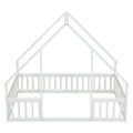 Full Wood House Shaped Floor Bed With Fence, Guardrails,White Full White American Design Pine