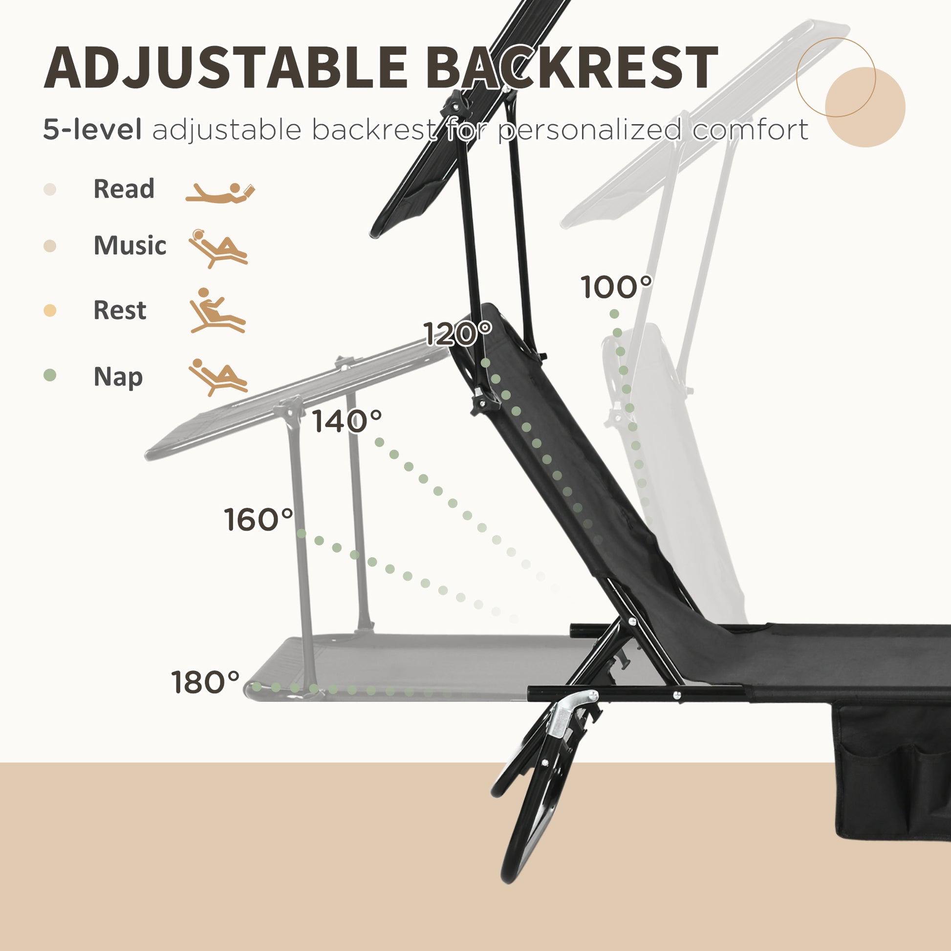 Outsunny Folding Chaise Lounge Pool Chairs, Outdoor Sun Tanning Chairs With Canopy Shade, Reclining Back, Steel Frame And Side Pocket For Beach, Yard, Patio, Black Black Steel