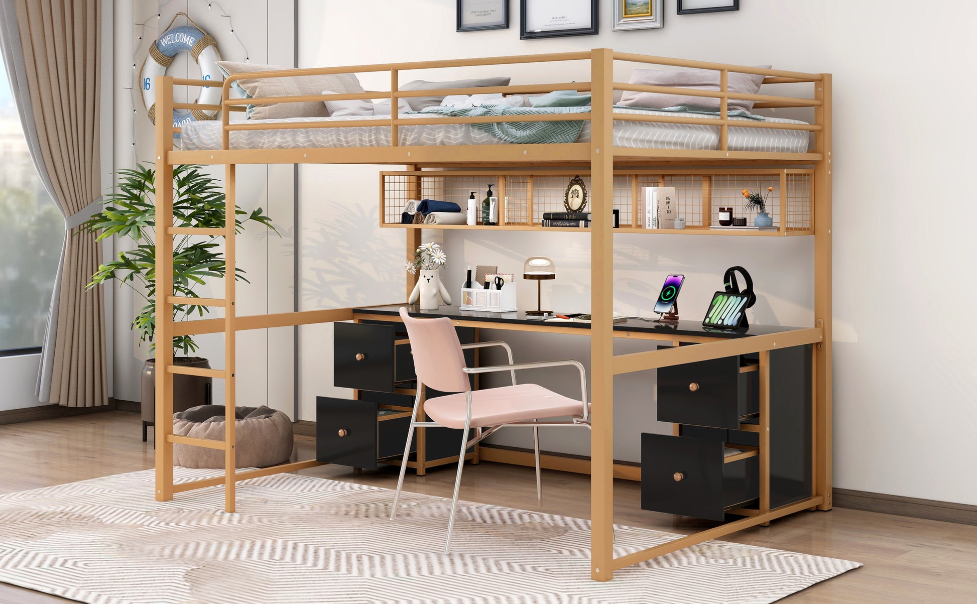 Full Size Metal Loft Bed With Desk, Drawers And Bedside Tray, Charging Station, Usb And Socket Full Gold Black Mdf Metal