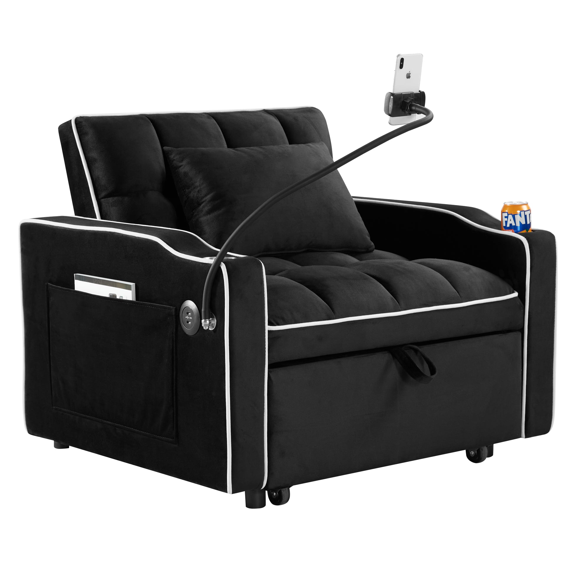 Convertible Sleeper Chair Sofa Bed Adjustable Pull Out Sleeper Chair Bed Multi Pockets Folding Sofa Bed For Living Room Bedroom Small Space,3 In 1 Sofa Bed, Black Black Velvet 1 Seat