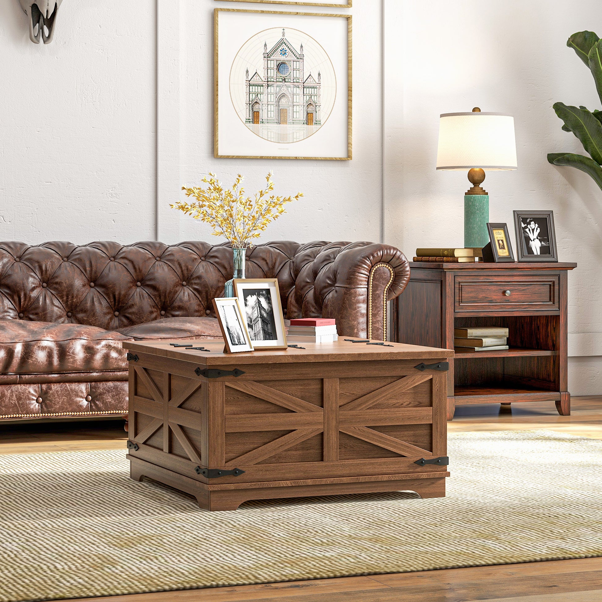 Homcom Farmhouse Coffee Table With Storage, Center Table With Hinged Lift Top And Hidden Space, Square Coffee Table For Living Room, Distressed Brown Brown Particle Board