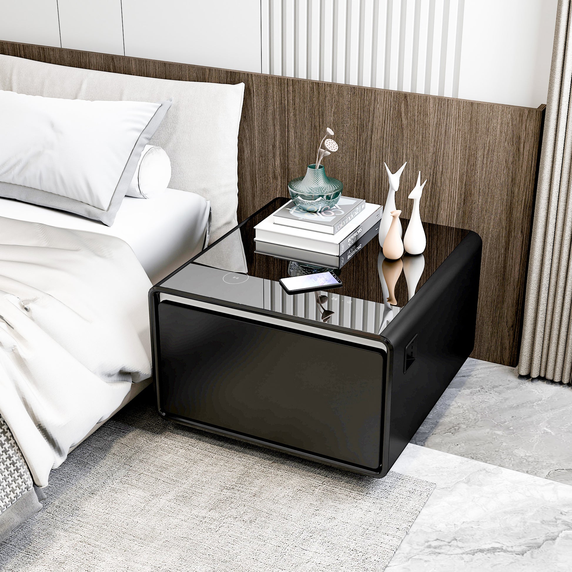 Modern Smart Side Table With Built In Fridge, Wireless Charging, Temperature Control, Power Socket, Usb Ports, Outlet Protection, Induction Light, Black Black Built In Outlets Or Usb Standing Desk Converter Primary Living Space Luxury,Modern Freestanding