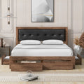 Queen Size Wood Platform Bed With Upholstered Headboard And 4 Drawers Box Spring Not Required Queen Walnut Wood Bedroom Bed Frame Faux Leather Solid Wood Mdf
