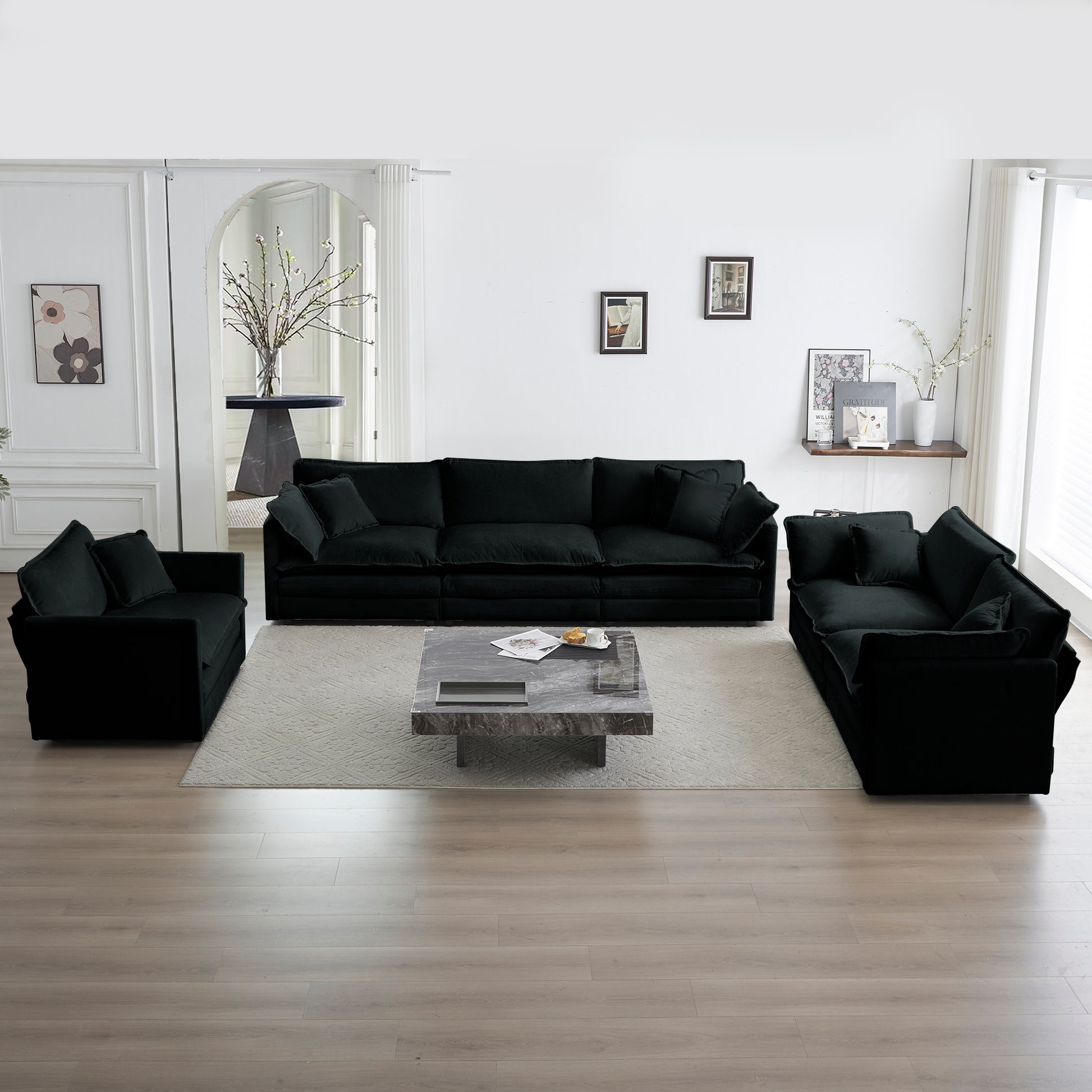 Modern Sofa Couch, 3 Piece Set Extra Deep Seat Sectional Sofa For Living Room, Oversized Sofa, 3 Seat Sofa, Loveseat And Single Sofa, Black Chenille Green Chenille 6 Seat