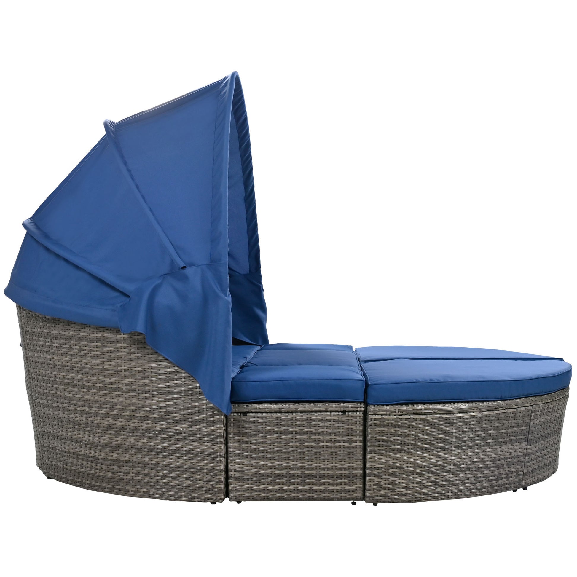 Outdoor Rattan Daybed Sunbed With Retractable Canopy Wicker Furniture, Round Outdoor Sectional Sofa Set, Gray Wicker Furniture Clamshell Seating With Washable Cushions, Backyard, Porch, Blue Yes Blue Seats 8 Garden & Outdoor Foam Wicker