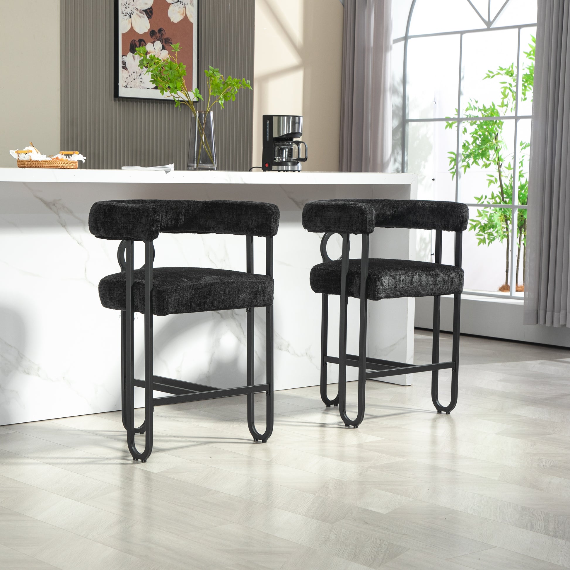 Coolmore Bar Stools Set Of 2, Modern Bar Stool With Back, Black Metal Frames, Upholstered Bar Stools For Kitchen Island, Pub, Club Black Chenille Black Dining Room Foam Chenille