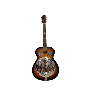 Beginner Metal Resonator Guitar, Full Size Circular Neck Traditional Resonator, Built In Preamplifier Black Brown Wood