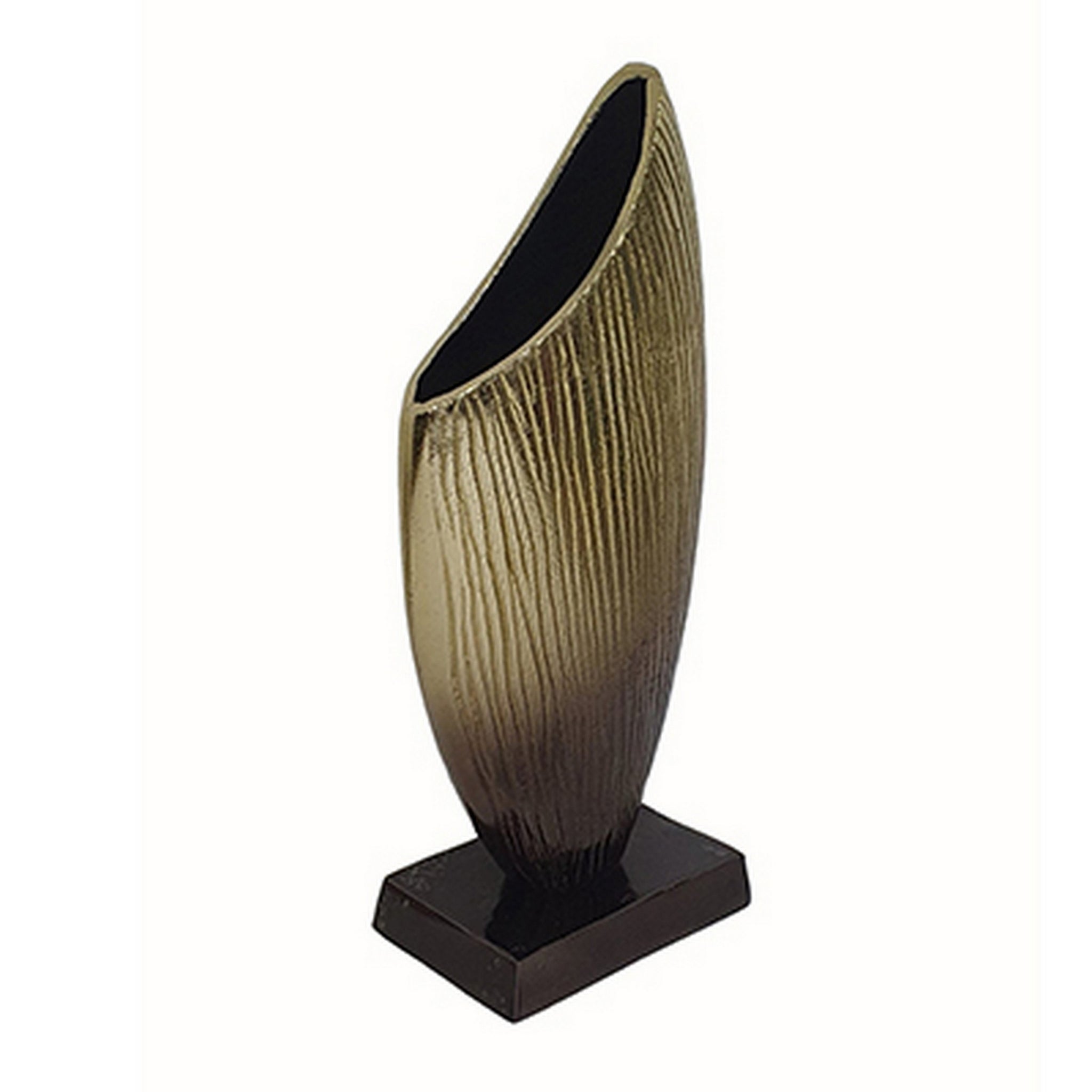 15 Inch Decorative Vase, Aluminum, Vertical Ribbing, Gold And Jet Black Gold Black Aluminium